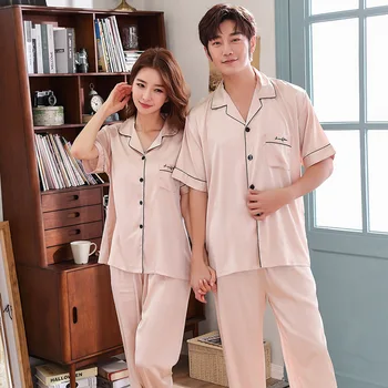 

New Satin Chiffon Couple Pajamas Short-sleeved Men's Pajamas Set Silk Thin Section Ladies Home Service Women's Underwear Pijama