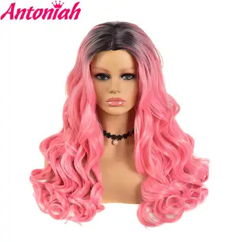 

It's a wig Long Body Wave Black Ombre Pink Wig Synthetic Wigs for Black Women Middle Part Natural Looking High Temperature Hair