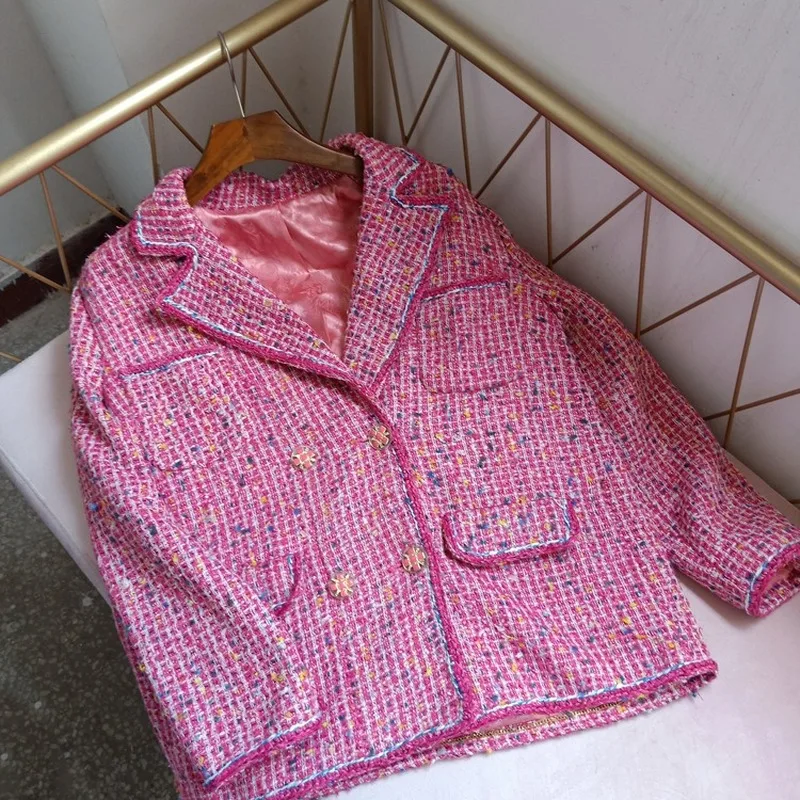 

2019 runway fashion women loose plus size tweed blazer coats double breasted pockets high quality weave coats jc3293
