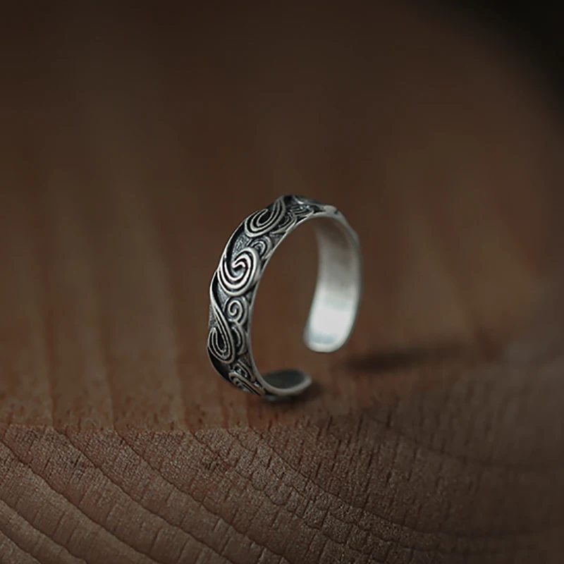 Chinese Ethnic Style Retro Auspicious Wave Cloud Finger Silver Color Resizable Rings For Women Vintage Retro Jewelry