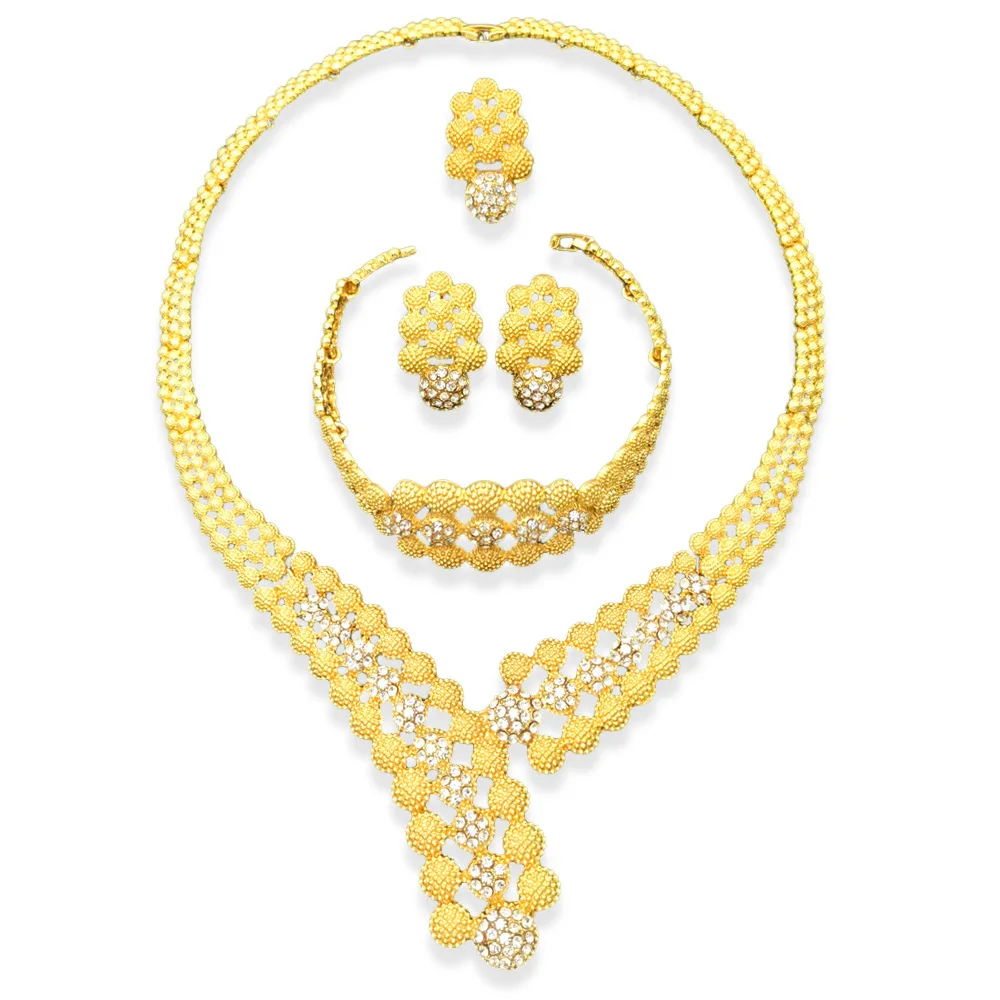 

2020 Luxury Women Jewelry Set Dubai Gold Necklace+Ring+Earrings+Bracelet Sets African/Nigerian/Indian Woman Wedding Accessories