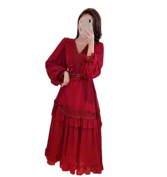 

Fashion Embroidery Hollow out Ruffle Long Dress 2019 Autumn Women V-Neck Lantern Sleeve High Waist A-line office party Dress