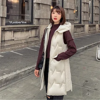 

Women Winter New Large Size Vest 2019 Fashion Medium Long Thick Thin Down Cotton Waistcoat Hooded Sleeveless Coat Female XIN080
