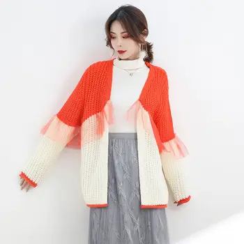 

Women 2020 Spring Autumn Contrast Color Knit Sweater Coat Female Long Sleeve Mesh Patchwork Knitted Cardigans Casual Tops L471