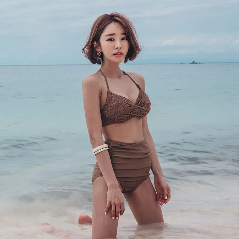 

2019 South Korea Coffee Bikini Bathing Suit Sexy Small Bust Steel Ring Push up High-waisted Bikini