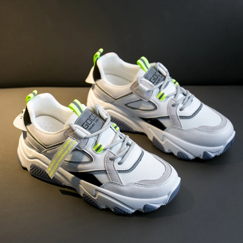 

2020 Spring Mesh High Platform Shoes Classic Lace Up Soft Leather Dad Chunky Sneakers White Black Fashion Casual Shoes Woman