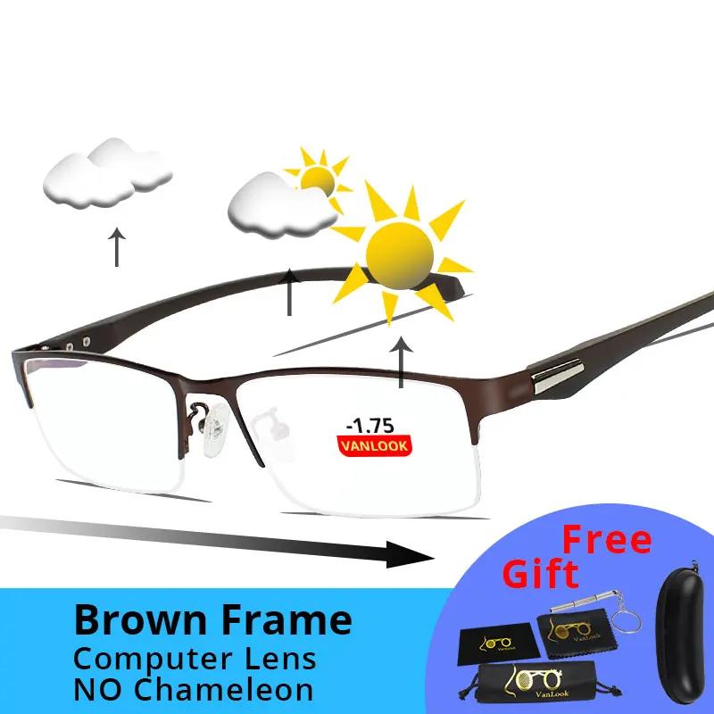 Brown-1.75 Близорукость, мужские компьютерные очки, фотохромные солнцезащитные очки, хамелеон, анти синий луч, игровой прицел по рецепту-1,25-1,75-5-5,5-6,0 - Цвет оправы: Brown-1.75