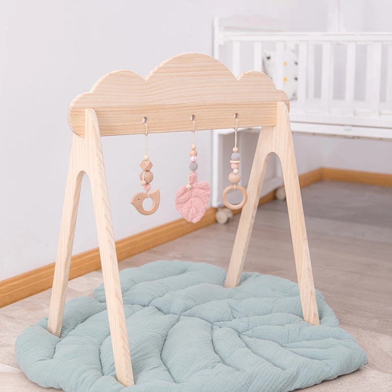 Baby Wooden Teether Gym Play Toys Cotton Leaves Mat Natural Wooden Rodent Stroller Chain Hanging Baby Toy Mobile Bed Holder Gift