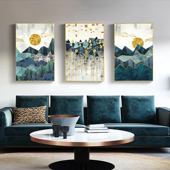 

Nordic Abstract Geometric Mountain Landscape Wall Art Canvas Painting-Golden Sun Art Print Wall Picture Luxury Decor for Bedroom