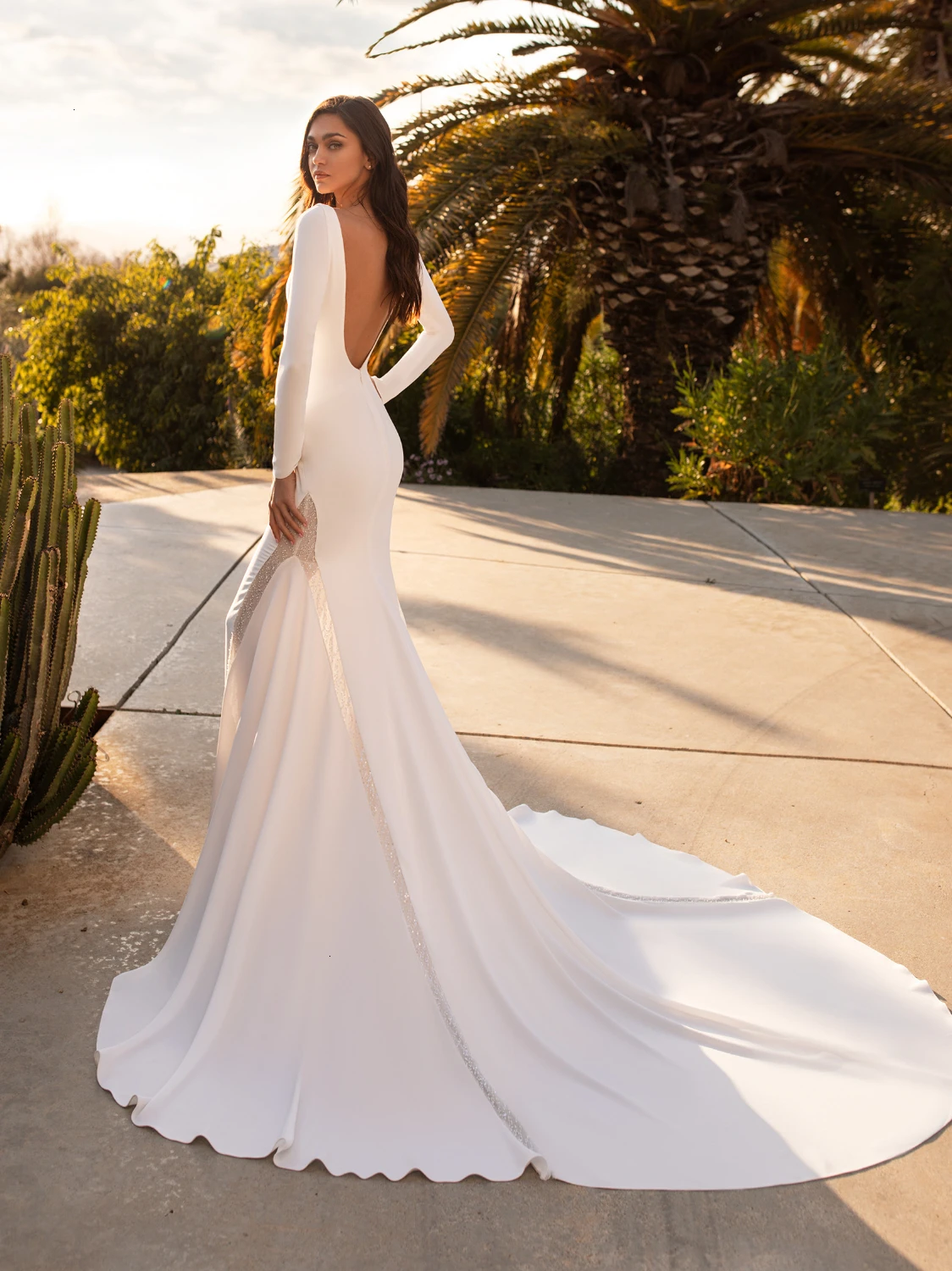 Vivian's Bridal винтажное мягкое Пятнистое свадебное платье русалки сексуальное с открытой спиной Глубокий v-образный вырез с длинным рукавом Часовня Поезд свадебное платье