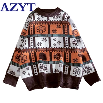 

AZYT Vintage Style Cute Print Women's Sweater Pullovers 2020 Autumn Winter Oversize Warm Sweater Coat Loose O Neck Women Jumpers