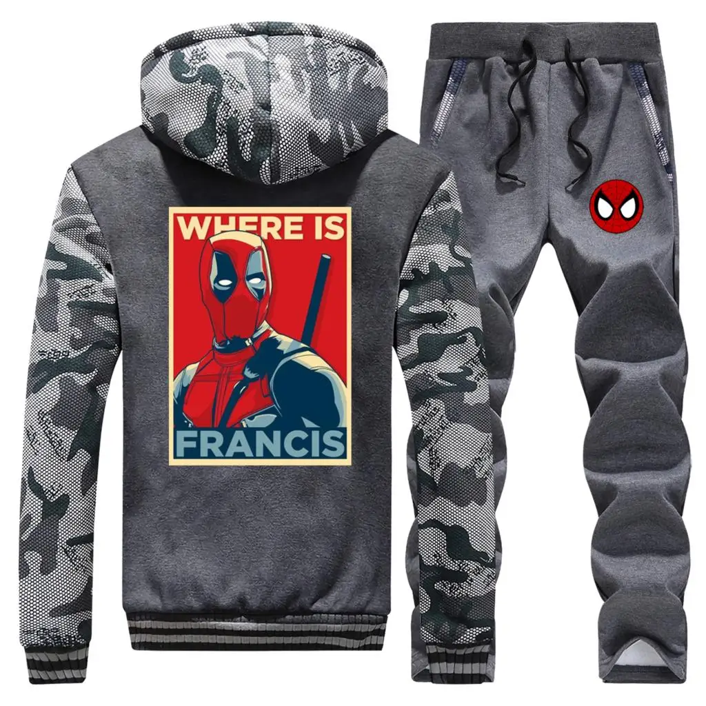

Deadpool Spiderman Mens Hoodies Sweatshirts where is Francis Print Thick Coat Men Winter Jacket+Pants Sets Warm Suit Streetwear
