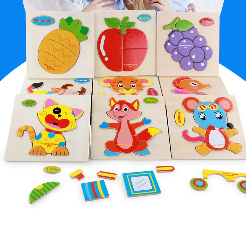 

3D Puzzle Wooden Toy Animal Baby Kids Early Educational Fruit Traffic Transport Cognition Reflection Toy