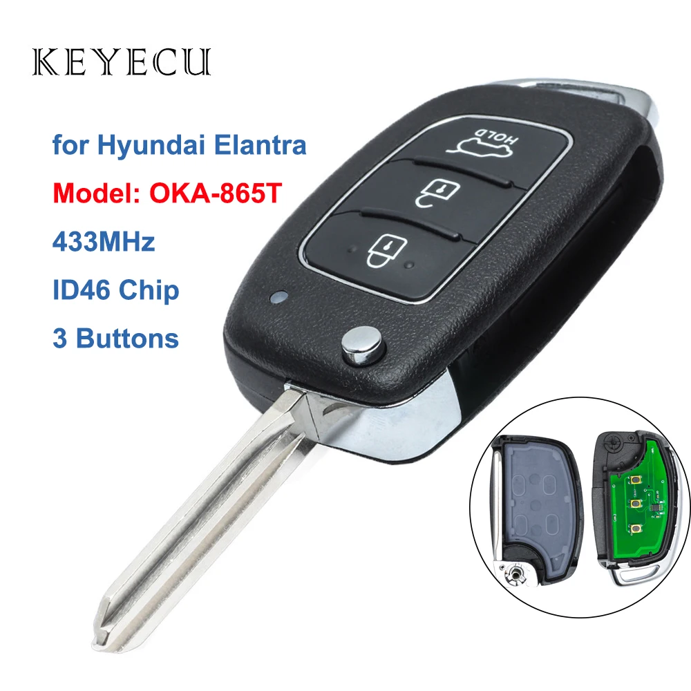 KEYECU FOR HYUNDAI ELANTRA 2014 2015 2016 FLIP REMOTE CONTROL CAR KEY FOB 3 BUTTONS 433MHZ ID46 OKA-865T