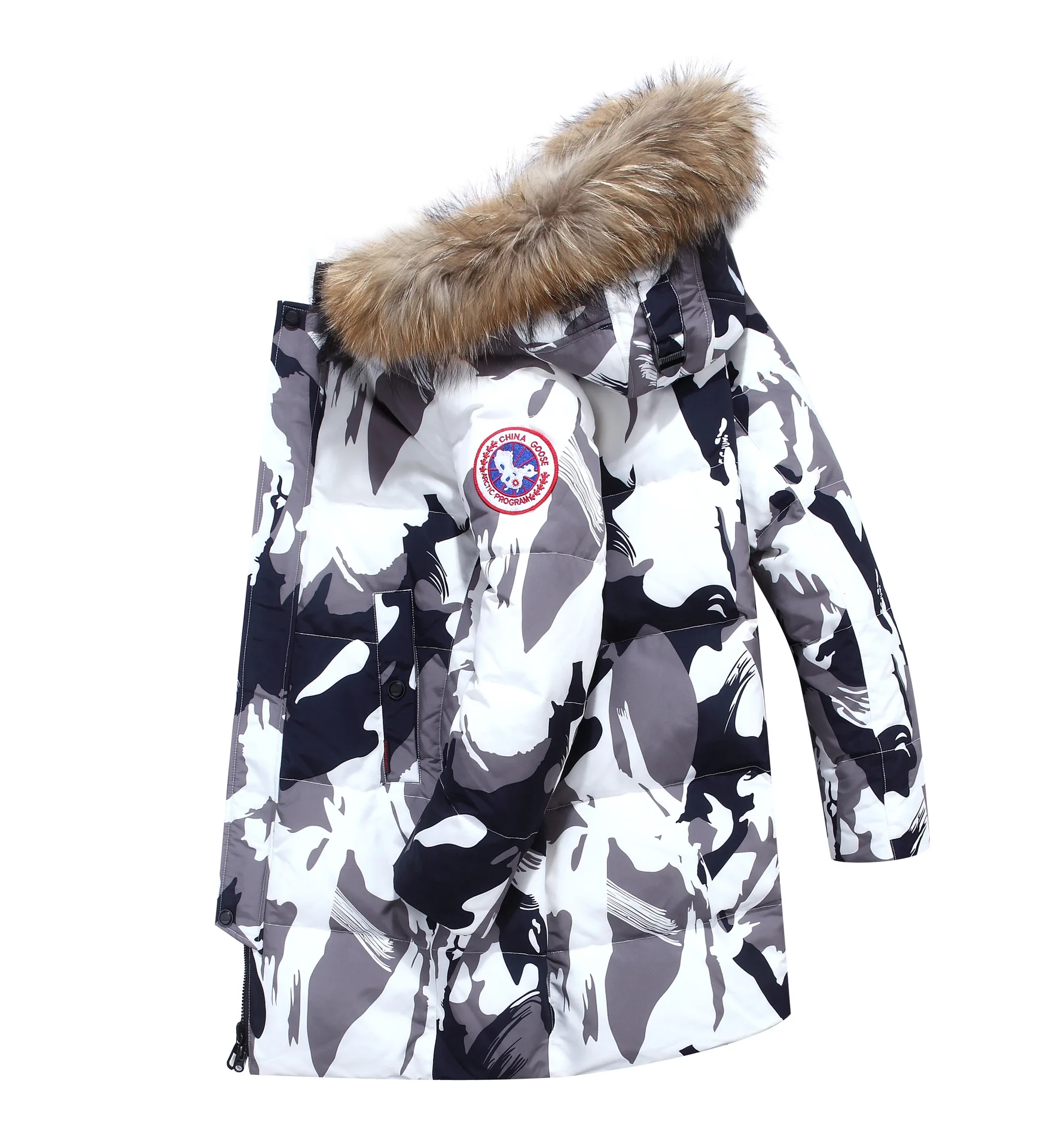 new men's winter long down jacket Male camouflage fur collar thick coat High quality white duck down outdoor snow coat