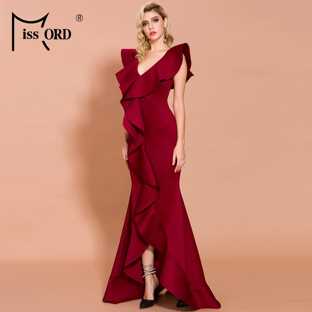 Missord, сексуальное платье с v-образным вырезом и оборками, без рукавов, одноцветное, цветное, женское, макси, элегантное платье, Vestidos FT19609