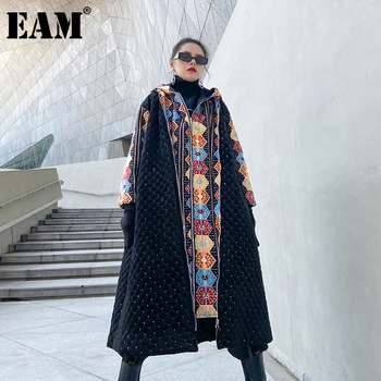 

[EAM] Hooded Big Size Patttern Thick Cotton-padded Coat Long Sleeve Loose Women Parkas Fashion New Autumn Winter 2020 1DD0808