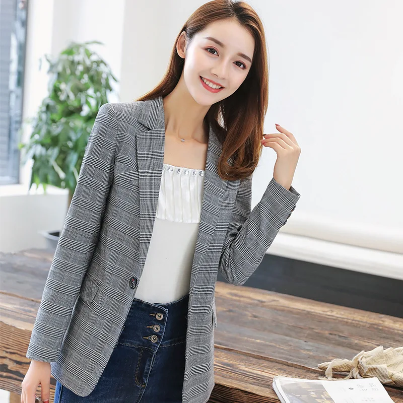 

Plaid Small Suit Coat Women's Korean-style 2019 Spring New Style Long Sleeve Casual Versatile Mid-length Ol Career Suit