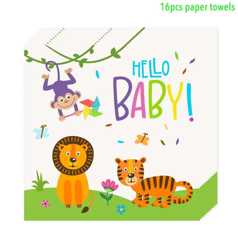 16pcs paper towels Мультяшные Джунгли животных тематическая посуда 1ST День Рождения украшения детские одноразовые столовые приборы набор вечерние принадлежности детский душ - Цвет: 16pcs paper towels