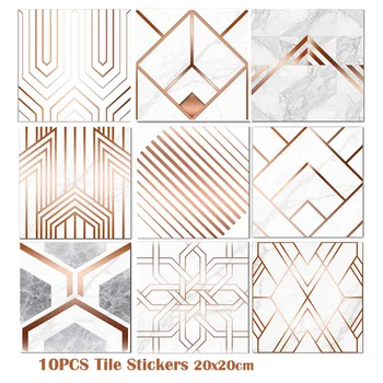 

10PCS Simple Geometric Tiles Mosaic White Marble Wall Stickers with Copper Effect Detail Home Decor DIY Removable Stickers 20*20