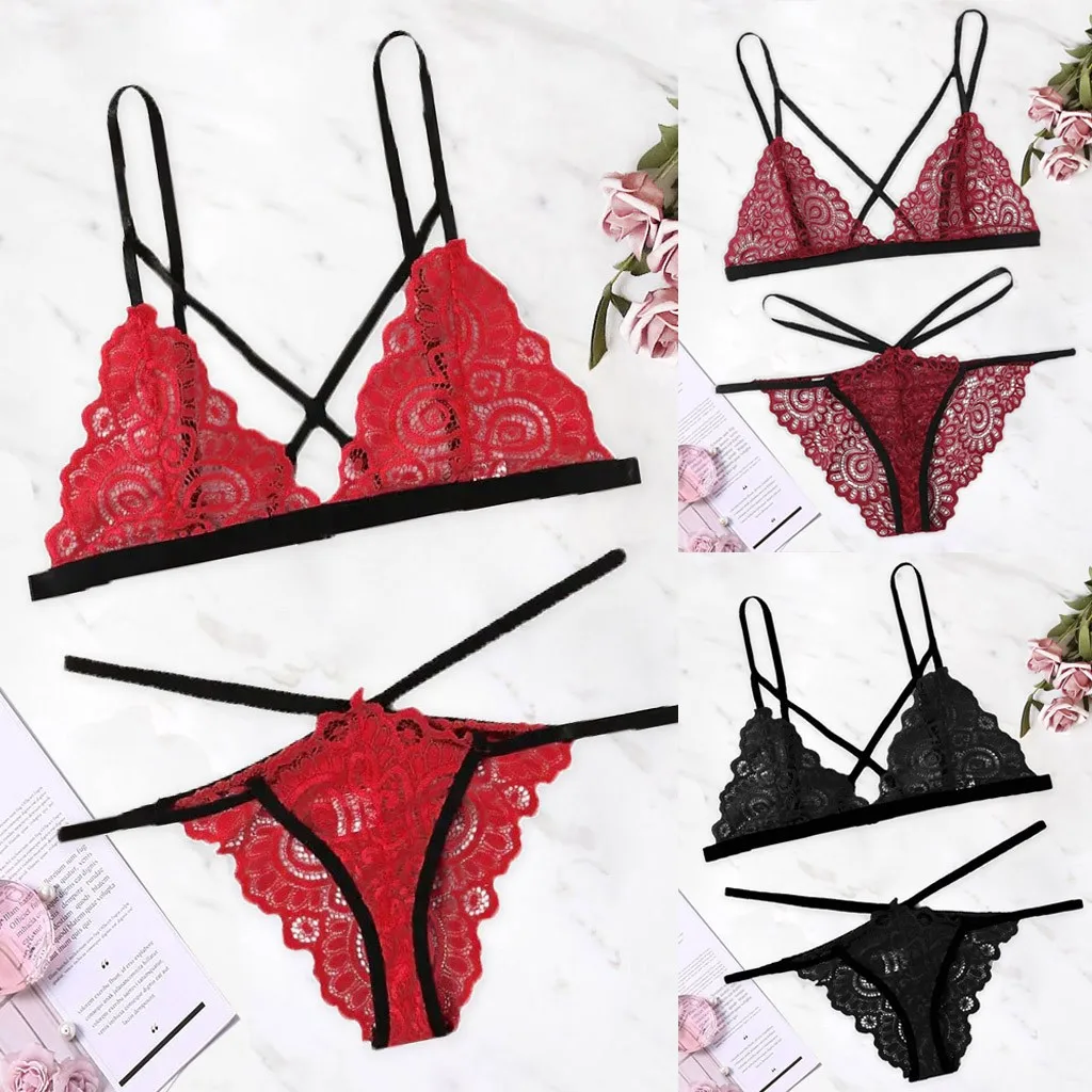 Low Price Loss Sale 2019 New Sexy Women Plus Size Lace V-Neck Bra +Thong Lingerie Set Underwear S-2XL Dress For Sex Beautiful