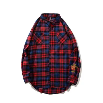 

#1411 Autumn Long Shirt Men Full Sleeves Red Yellow Patchwork Plaid Shirt Long Sleeve Letter Embroidery Hip Hop Shirts For Men