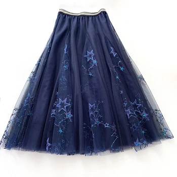 

High Quality Embroidered Sequins Skirts Womens 3 layers Mesh Gauze Skirt Sweet Ladies Tulle Long Skirt Stars Sky Fairy Skirts