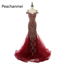 Роскошные Длинные вечерние платья с бусинами и русалочкой Новинка года; вечерние платья с тюлем и открытыми плечами; Vestido de Festa; реальные фотографии