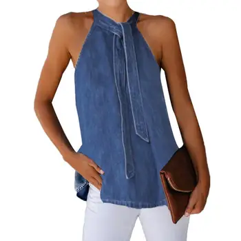 

Women Solid Color Vest Sleeveless Back Button Neck Bandage Halter Blouse Top Back Button Easy to Match Neck Bandage