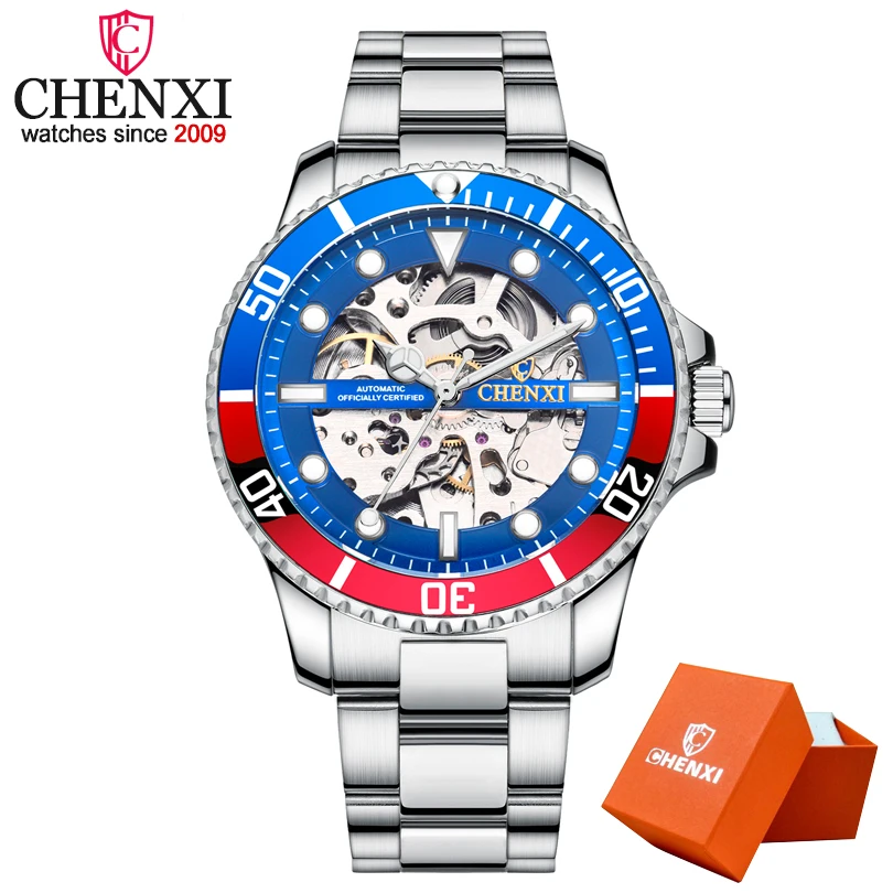 CHENXI Brand Luxury Classic Blue Men Watches Automatic Mechanical Wristwatch Male Waterproof Stainless Steel Watch Man Gift 