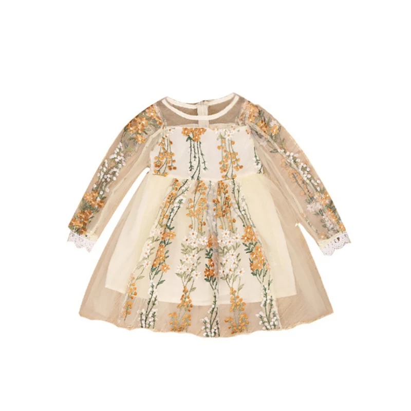 Модное платье для малышей, повседневное осеннее платье с длинными рукавами и цветочной вышивкой, детские платья принцессы для маленьких девочек