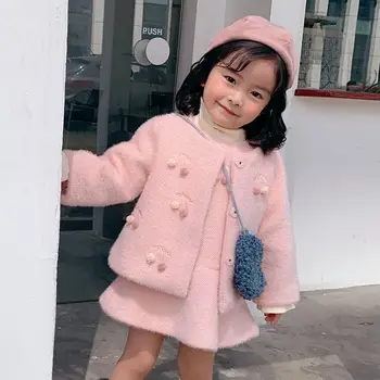

2PCS WLG girls winter clothing set kids pink beige thick jacket and sleeveless dress set baby girl warm casual clothes