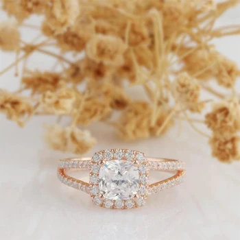 

Veryins Split Band 14K Rose Gold Anniversary Promise Ring Center 1ct DEF Color Moissanite Halo Engagement Ring for Women Gift