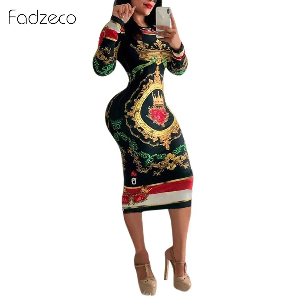 Fadzeco африканские платья для женщин с этническим принтом, с длинным рукавом и круглым вырезом, покерное винтажное платье с цепочкой, облегающее платье миди Клубное платье-карандаш - Цвет: Black