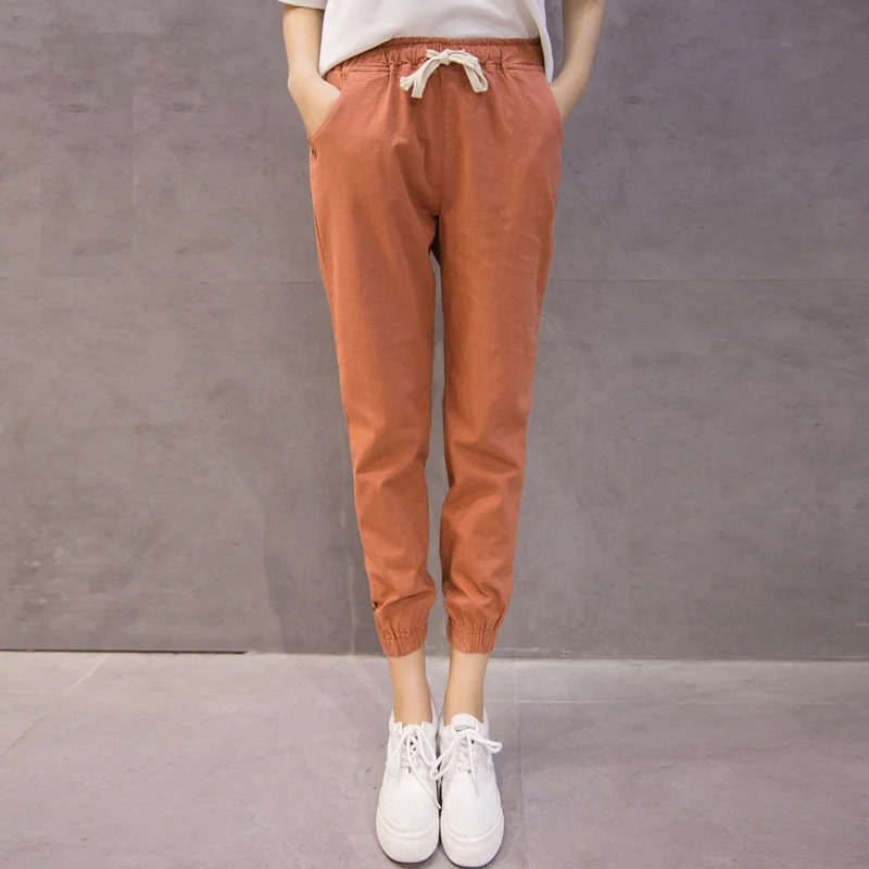 

Cotton linen new Korean small feet pants for women casual student jogger pants pantalones mujer elastic waistband female spodnie