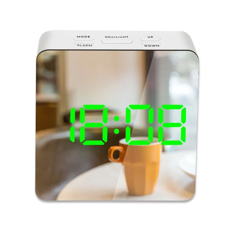 Светодиодный зеркальный будильник с диммером, функция повтора температуры для спальни, офиса, путешествий, цифровое украшение для дома часы - Цвет: square green