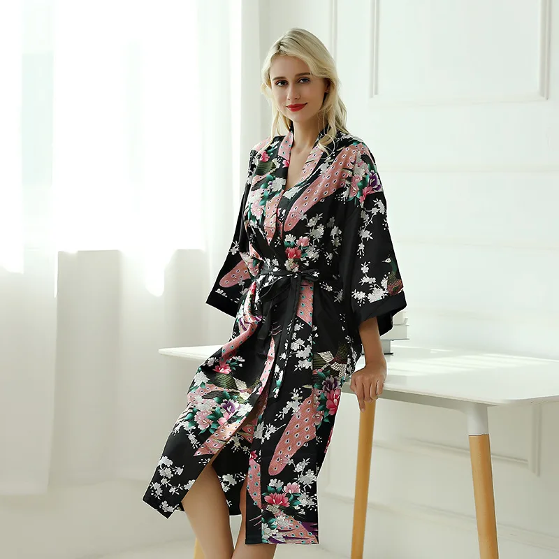 Print sleepwear robe women long sexy silk bathrobe female bride gown spring summer peacock home wear kimono night dress DR18336 (17)
