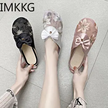 

Summer new women's embroidered shoes Baotou slippers net yarn half drag cool slippers women Outdoor bowtie Slippers mules shoes