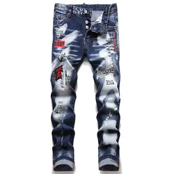 Pantalones vaqueros ajustados para hombre, Jeans desgastados, rasgados, con puntos de pintura, marca italiana de moda, #1231