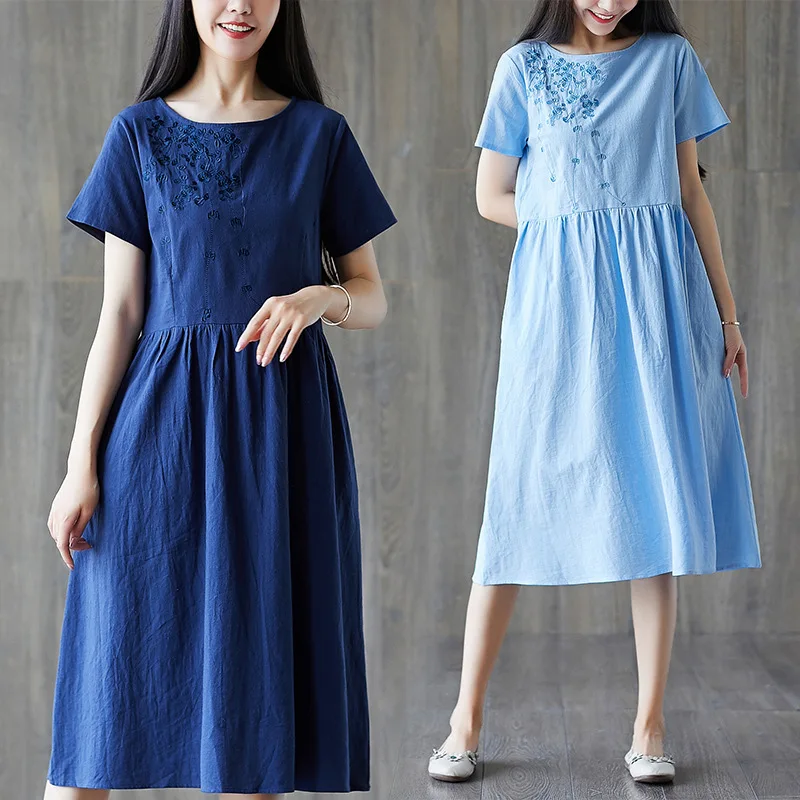 

Photo Shoot 2019 Summer Hipster Literature And Art Retro Loose And Plus-sized Sleeve Embroidered Short Sleeve Cotton Linen Dress