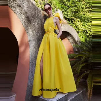 

Yellow High Slit Evening Dress Satin With Pocket Bead vestidos largo Islamic Dubai Elegant Long Evening Gown Prom Dress