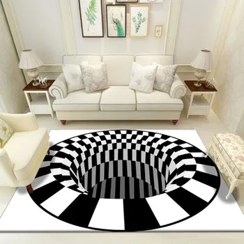 

Nordic Carpet Living Room Bedroom Rugs Black White Grid Printing 3D Illusion Vortex Bottomless Hole Square Carpets
