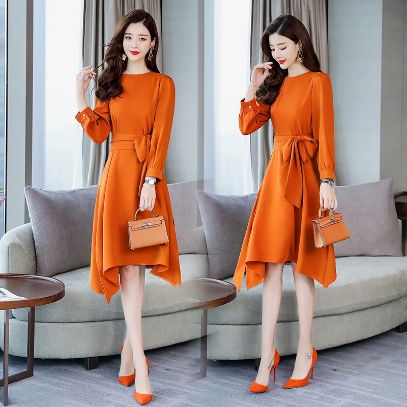 

2020 Spring New Style Korean-style Crew Neck Solid Color Lace-up Slim Fit Slimming Petal Sleeve A- line Skirt Long-sleeved Dress
