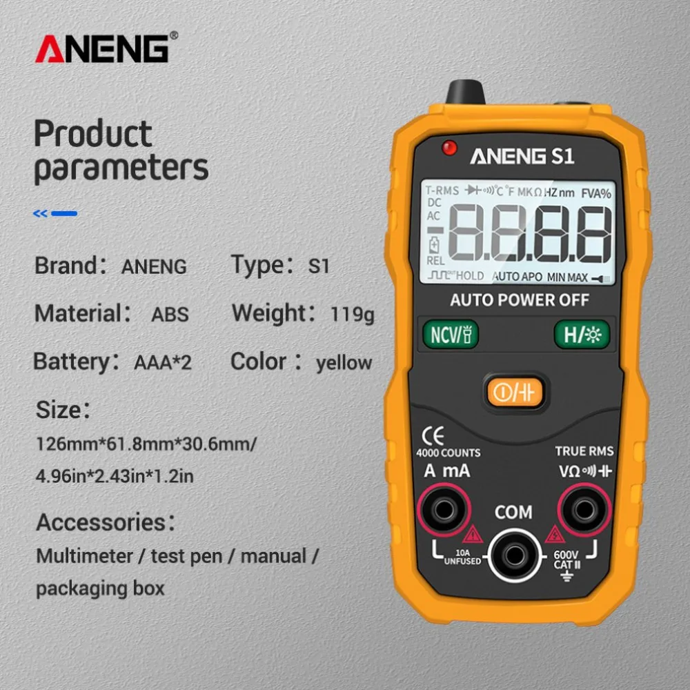 ANENG S1 ЖК-цифровой мультиметр Мини DC/AC Измеритель Напряжения тока ручной диод NCV тестер фонарик мультитестер
