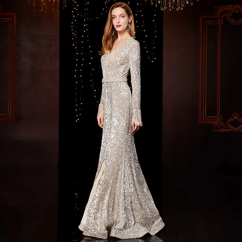 2020 Elegant Women Long Sleeve V-Neck Sequins