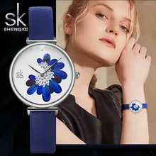 SK SHENGKE женские наручные часы Топ бренд класса люкс модные синие водонепроницаемые наручные часы с кожаным ремешком для женщин женские кварцевые часы