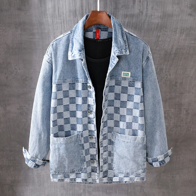 

British Style Fashion Men Jackets Light Blue Plaid Designer Casual Denim Jacket Men Long Cotton Coats Streetwear Chaqueta Hombre