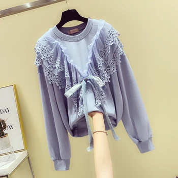 

2019 Autumn New Woman Long Sleeve Sweet Water Soluble Lace Tassel Lace-up Coat Women's Pull Hoodies Sweatshirt