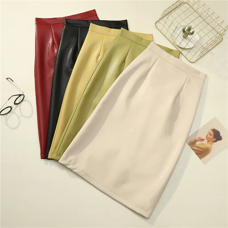 HELIAR Women PU Leather Skirts High Waist Solid Straight Elegant Split Skirt Midi Leather Skirts For Women 2021 Spring