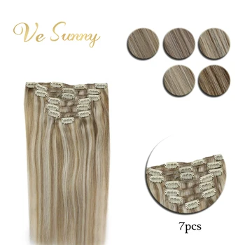 

VeSunny Clip in Hair Extensions Machine Made Remy Human Hair 7pcs Double Weft Clip on Extensions Highlighted Color